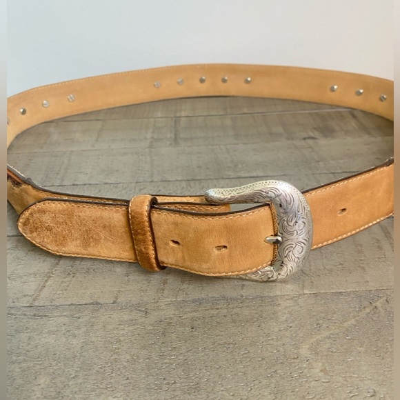 Vtg JUSTIN ODESSA STAR BROWN TOOLED LEATHER BELT Silver Buckle 1994 C10765 Sz 42 - Picture 4 of 17